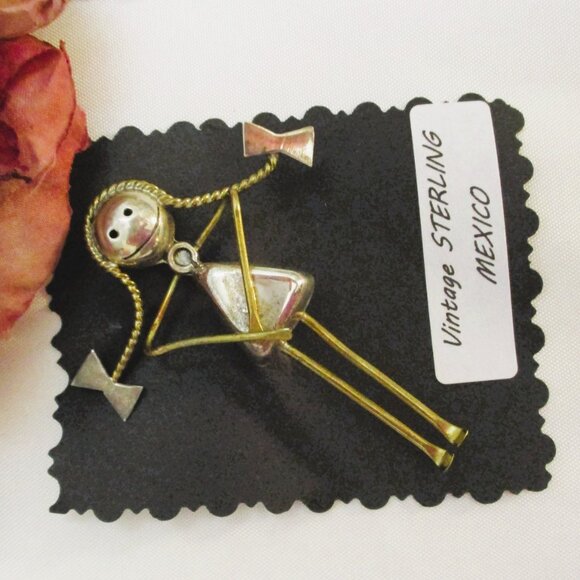 VINTAGE Sterling Silver Girl Brooch: Handcrafted 925 Mexico Figural Pin - Picture 12 of 14